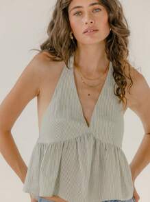 Aralina Striped Halter Neck Flowy Feminine Cute Summer Vacation Top - Green - View 6