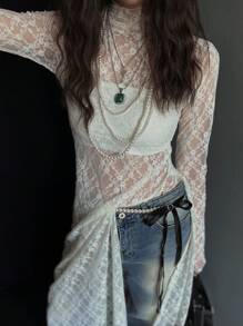 DAZY 女式高领蕾丝透视长开叉下摆衬衫，白色，春夏节日透明长袖女式上衣 - 白色 - 查看 8