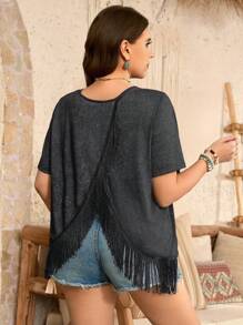 SHEIN LUNE Top de talla grande con mangas cortas y decoración de flecos en la espalda, adecuado para outfits de festivales de música, atuendos primaverales para mujeres, ropa de verano, atuendos occidentales para mujeres con estilo "dinero antiguo", atuendos de brunch para mujeres, atuendos para el aeropuerto, atuendos de vaquera para el verano, atuendos de graduación para mujeres en primavera y verano, atuendos de Pascua para mujeres, ropa de vacaciones para primavera y verano