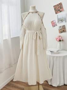 Sunnyshic Vestido largo elegante de línea A para playa con escote halter y cordones, vestido de lino cómodo para vacaciones