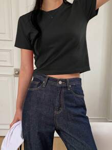 DAZY Camiseta casual de cuello redondo para mujer de manga corta de unicolor para verano