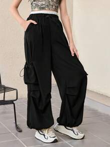 SHEIN Tween Girl Fashion Street Solid Woven Cargo Pocket Drawstring Decor Loose Wide Leg Black Pants, Suitable For Casual Outing, Back To School, Y2K, Mommy And Me Matching - Black - View 6