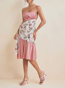 PEARL Designer Floral Printed Satin Ruched Cutout Elegant Girly Prom Dress, Wedding Season Spring And Summer Vacation Sundress, Concert Outfit, Ibiza Fits
