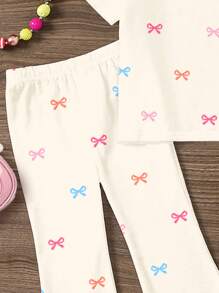 SHEIN 2pcs/Set Young Girls Cute Colorful Mini Bow Cartoon Pattern Round Neck Short Sleeve Top And Flared Pants Set, Casual & Simple, Suitable For Spring & Summer - Multicolor - View 4