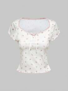 ROMWE Kawaii 夏季休闲碎花弹力修身系带蝴蝶结宽松 T 恤，适合女士度假和海滩 - 白色 - 查看 13