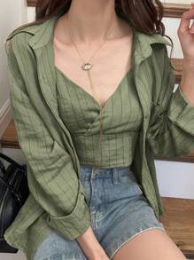 FRIFUL Conjunto de 2 piezas para mujer con camiseta de tirantes a rayas y camisa de manga larga, camisas de verano, ropa de mujer de verano, conjuntos de verano para mujer, ropa de calle para mujer, conjuntos de lino para el descanso de la mujer - Verde - Ver 5