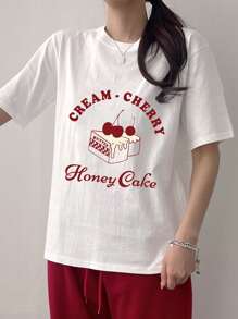 DAZY Women Summer Letter Cherry Printed Round Neck Short Sleeve Casual T-Shirt CREAMCHERRY Honey Cake Cute Tops,Graphic Tees
