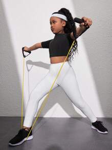 SHEIN Tween 女童休闲运动百搭高弹力针织紧身裤，白色