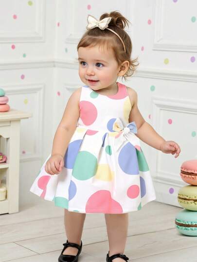 Souflis Souflis Vestido de verano para niñas bebé, estilo coreano casual y lindo, sin mangas, con estampado de lunares de varios colores, cintura plisada y lazo