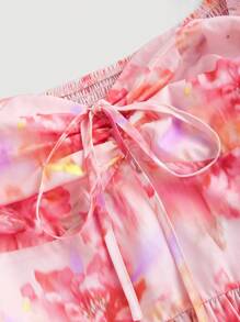 SHEIN MOD 泡泡袖褶皱胸部蝴蝶结腰部花卉印花喇叭下摆粉色连衣裙、单身女郎、露背、性感、风骚、优雅、派对、婚宴、茶会、端庄、舞会、正式、花卉、俱乐部服装女装