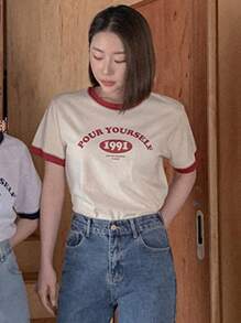 DAZY Áo thun nữ cổ tròn tay ngắn in chữ mùa hè, áo thun họa tiết học sinh - Màu be - Xem 5