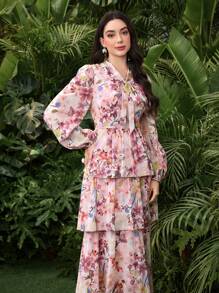 Modelyn Women's Long Sleeve Digital Printed Three-Tier Dress - Pink - View 3