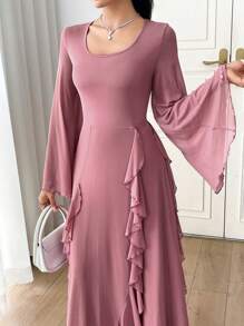 Modelyn Women's Long Ruffled Bell Sleeve Elastic Elegant Romantic Mesh Dress
