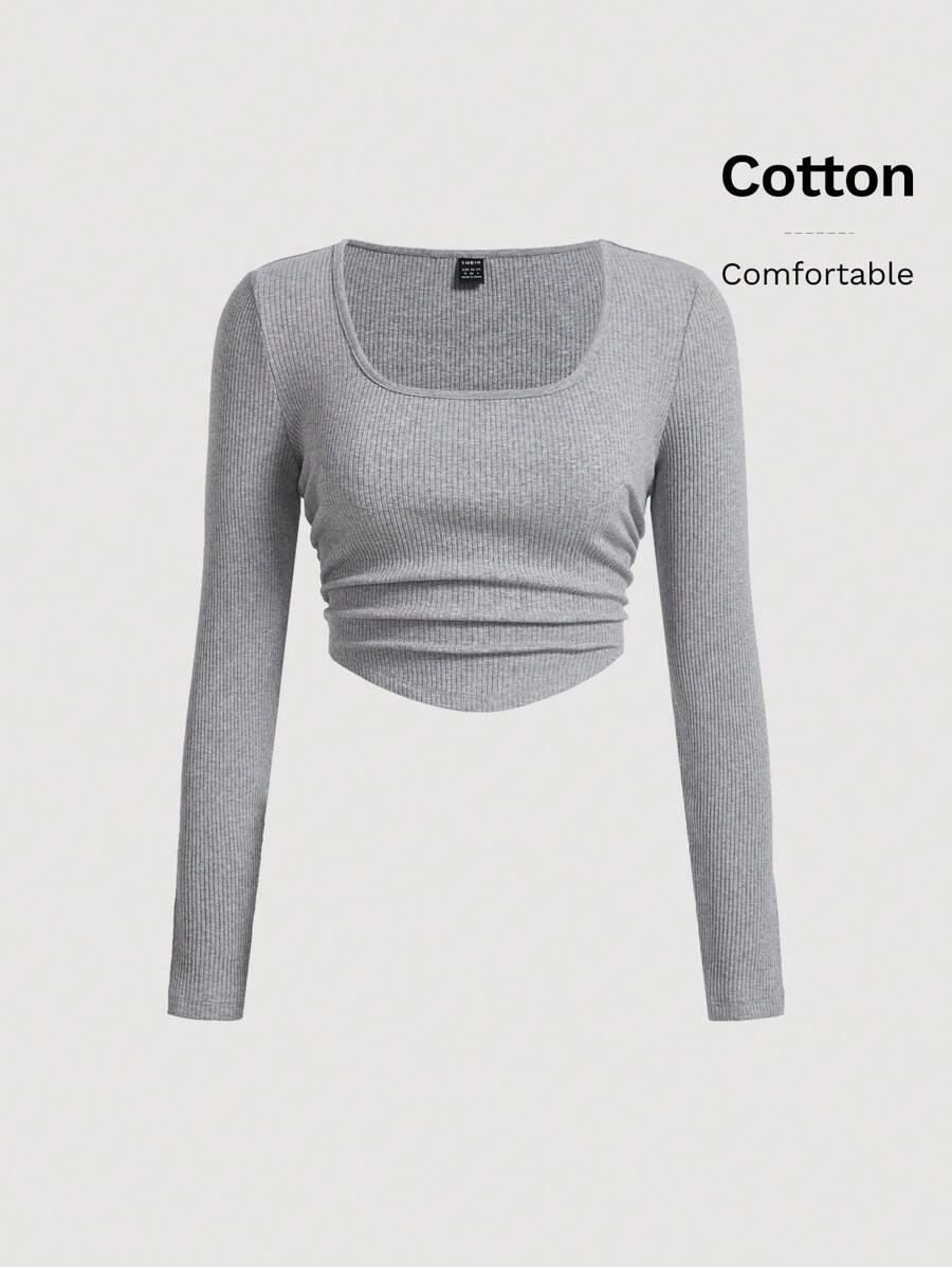 SHEIN MOD Square Neck Ruched Crop Tee - Grey - View 1