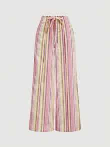 SHEIN MOD Women's Pink Striped Linen Palazzo Pants, Boho Style Casual Trousers, Holiday Beach Pants