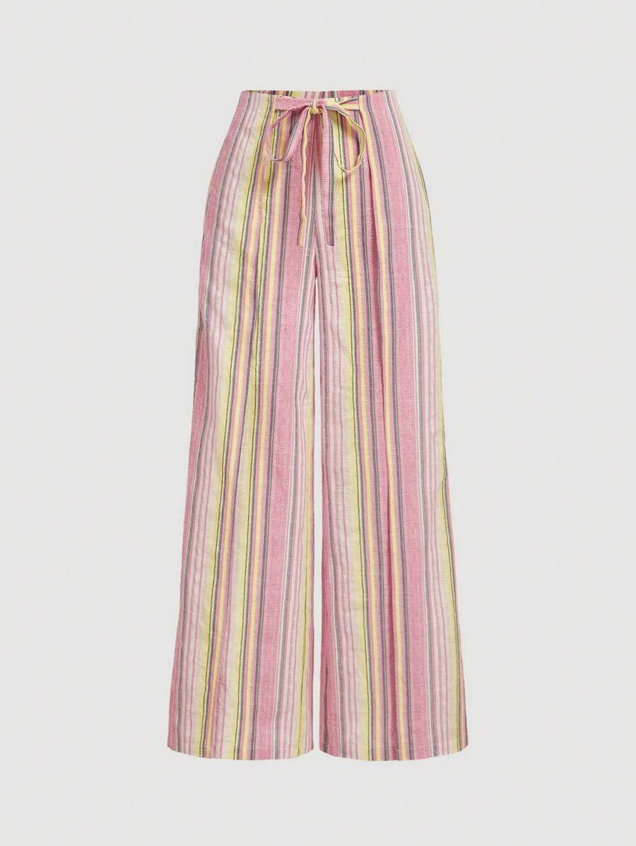 SHEIN MOD Women's Pink Striped Linen Palazzo Pants, Boho Style Casual Trousers, Holiday Beach Pants