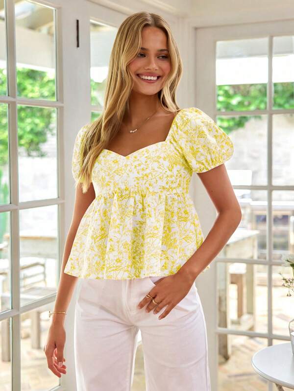 KARISMINA Vacation Lightweight Floral Print Bubble Sleeve Sweetheart Collar Shirt For Women,Vacation Outfits Woman,Summer Outfits For Women,Cute Summer Top