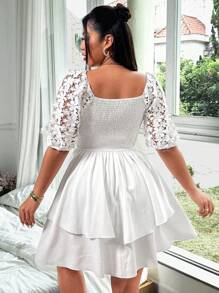 Sunnyshic Vestido de fiesta de boda de largo hasta la rodilla, de cuello cuadrado, ajustado, con parches de encaje blanco y volantes en la Bottom, elegante y casual, para invitados de boda en resorts, tallas grandes