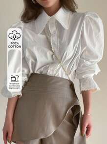 DAZY Camisa de botones con mangas abullonadas de manga larga - Blanco - Ver 8