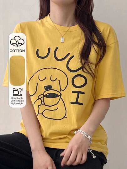 DAZY 女士夏季短袖字母圆领卡通印花T恤，线条图案可爱上衣、图案T恤、教师装