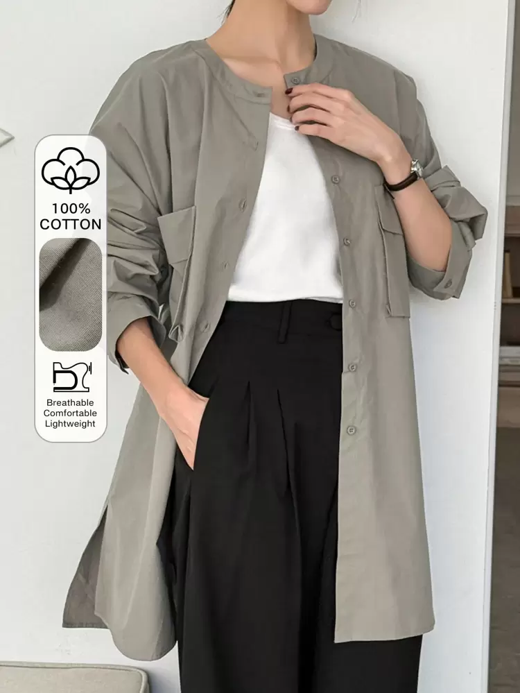 Loose Solid Color Minimalist Oversized Pocket Long Sleeve Shirt Dress For Women,Fall Women Clothes Business Casual Woman Work Clothes