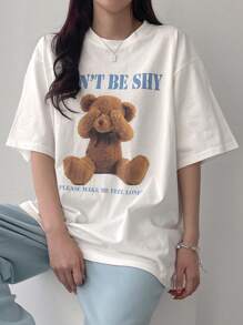 DAZY T-shirt femme ample d'été à imprimé ours de dessin animé avec col rond et épaules tombantes. "N'AYEZ PAS PEUR S'IL VOUS PLAÎT FAITES-MOI ME SENTIR SEUL" Hauts mignons Oversize T-shirt