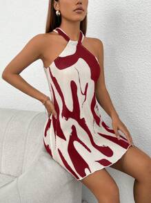 SHEIN PETITE Graphic Print Lettuce Trim Halter Short Summer Dress - Burgundy - View 3