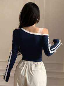 DAZY Gerippter Saum Kontrast Farbblock Schleife Dekor Off-Shoulder Langarm Damen T-Shirt, College Sport Stil, Herbstkleidung