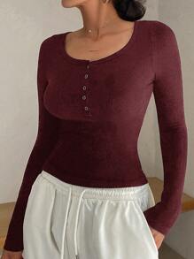 DAZY Women's Partial Buttons Up Collar Long Sleeve Fitted Undershirt,Fall Clothes,Back To School Clothes