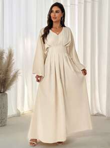 SHEIN LUNE Vestido elegante casual de vacaciones para mujer con cuello en V, cintura recogida, mangas farol y textura jacquard de paraguas - Albaricoque - Ver 6