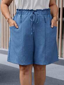 EMERY ROSE Plus Size Casual Solid Color Double Pocket Shorts - Blue - View 1