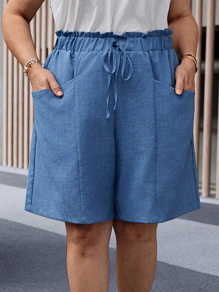 EMERY ROSE Plus Size Casual Solid Color Double Pocket Shorts - Blue - View 1