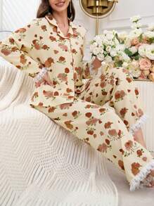 2 Pieces Women Burgundy Rose Romantic Pajama Set