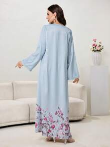 Al Najma Vestido modesto de estilo árabe con impresión floral, patchwork y cuello en V de manga larga con cinta