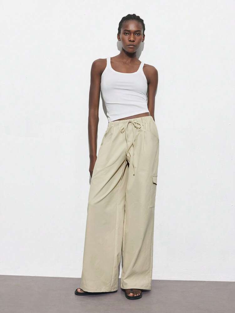 SHEIN Maija Women's Solid Color Waist Tie Pocket Straight Leg Casual Pants