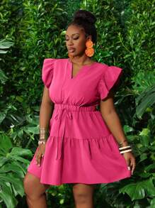 Slaydiva New Casual Resort Round Neck & V-Neck Ruffle Trim Elasticated Waist Bow Decor Multi-Layered Flare Hem A-Line Mini Dress, Green, Plus Size - M