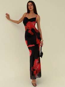 Aloruh Đầm Maxi Lưới Cổ Xếp Ly In Hoa Lãng Mạn Thanh Lịch Có Họa Tiết Hoa - màu đen - Xem 4