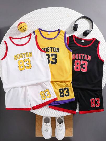 6pcs Tween Boy Sports Letter Print Tank Top And Shorts Set, School, Campus, College