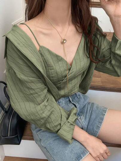 FRIFUL 女士条纹吊带背心和长袖衬衫两件套女士夏季衬衫女装夏装女士夏季套装女士街头服饰亚麻