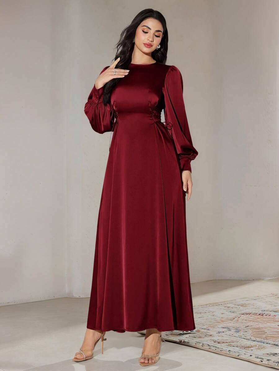 Veilorie Đầm thường ngày dài tay cổ tròn màu trơn cho nữ có dây rút - Màu Đỏ Sâu - Xem 1