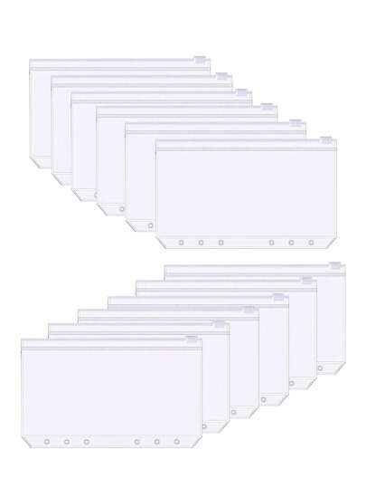 Set de 12 bolsas con cremallera transparentes de tamaños A5/A6/A7 con 6 anillas, adecuadas para oficina, estudio, exámenes, escuela, prácticas y duraderas, gran capacidad, impermeables y resistentes a la suciedad. Útiles escolares para volver a la escuela.