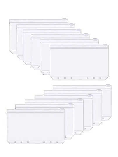 Set de 12 bolsas con cremallera transparentes de tamaños A5/A6/A7 con 6 anillas, adecuadas para oficina, estudio, exámenes, escuela, prácticas y duraderas, gran capacidad, impermeables y resistentes a la suciedad. Útiles escolares para volver a la escuela.