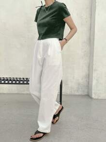 Dazy-Less 纯色圆领短款T恤，复古富贵风格，夏季商务休闲女装，复活节 - 綠色 - 查看 3