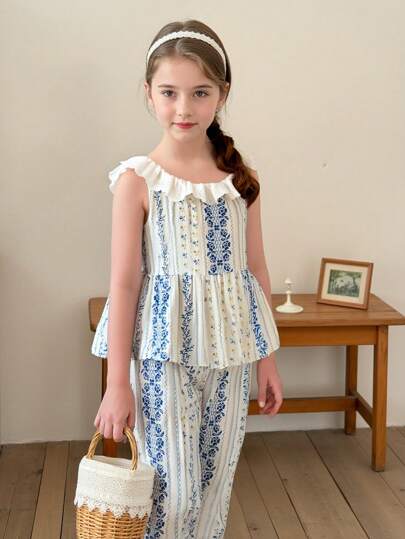 Vintaside Kids 青少年女孩乡村花卉两件套，甜美蕾丝领口设计，无袖荷叶边上衣搭配修身直筒裤（印花面料）