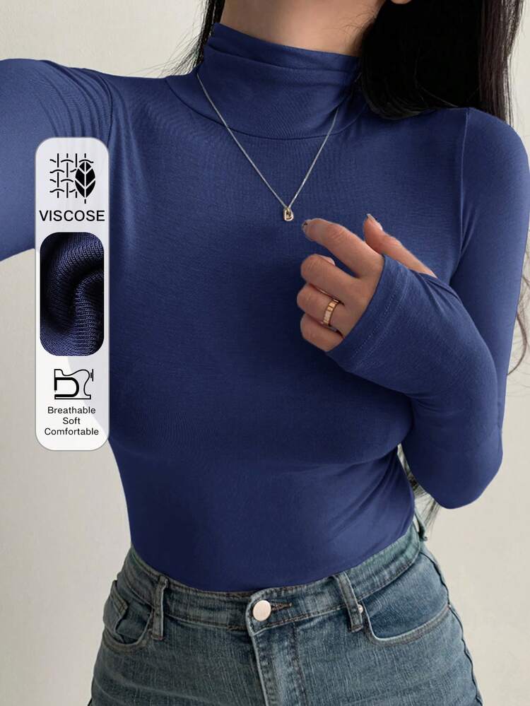 Turtleneck Long Sleeve Autumn/Winter Slim Fit Base Layer Top, Minimalist Essential Undershirt For Women