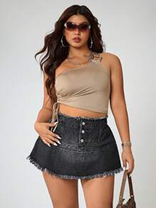 SHEIN ICON Plus Size Denim Shorts, Simple Fashionable Frayed Hem With Metal Buttons - Black - View 4
