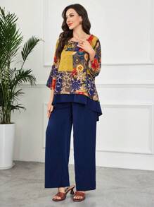 Lacomfia 2pcs/Set Women Casual Floral Patchwork Short Sleeve Top And Wide Leg Pants Set