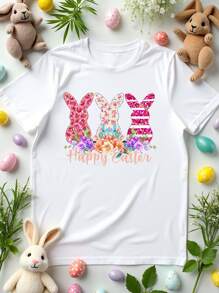 Tween Girl' Happy Easter Striped, Leopard, Ditsy Floral & Rabbit Print Crew Neck Short Sleeve White Cute T-Shirt