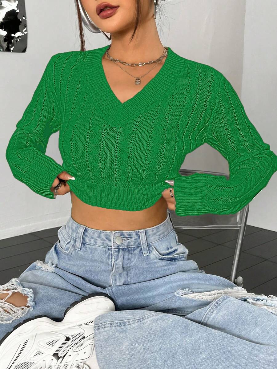 SHEIN Unity Women's Casual Solid Color Slim Fit Cropped Sweater, Spring/Autumn Knit Pullover Fall Winter - Green - View 1