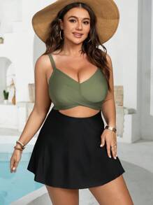 Swim Lushoire Váy bơi bikini có dây điều chỉnh màu xanh lá cây và đen cỡ lớn mùa hè cho nữ - màu xanh lá - Xem 6